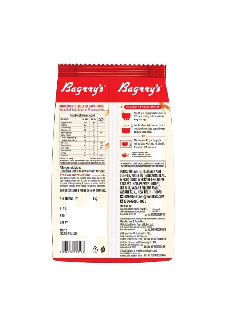 Bagrry'S White Oats 1Kg | Breakfast Cereal, Instant Oats Breakfast, Natural Whole Grain| High Soluble Fibre | Protein Goodness | Non Gmo