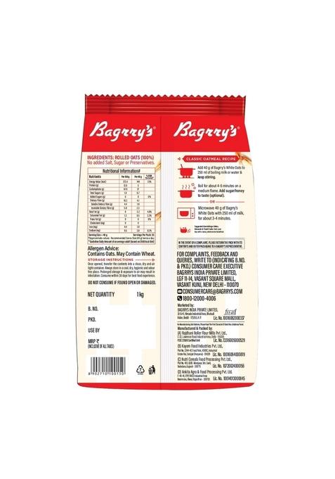 Bagrry'S White Oats 1Kg | Breakfast Cereal, Instant Oats Breakfast, Natural Whole Grain| High Soluble Fibre | Protein Goodness | Non Gmo