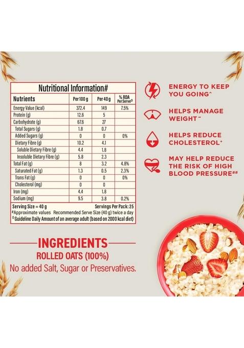 Bagrry'S White Oats 1Kg | Breakfast Cereal, Instant Oats Breakfast, Natural Whole Grain| High Soluble Fibre | Protein Goodness | Non Gmo