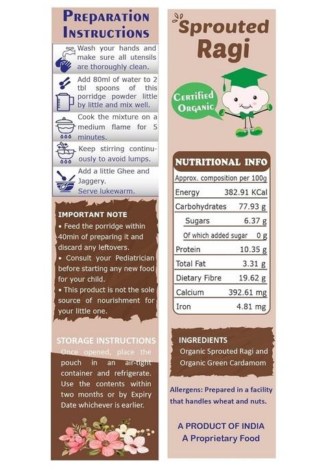 Tummyfriendly Foods Certified Organic Sprouted Ragi Powder For Babies, Kids. Rich In Calcium, Iron, Fibre & Micro-Nutrients. Sprouted Ragi For Baby. Sari Nachani Satva. No Sugar, No Salt, No Milk, No Chemicals, No Pesticides. 6 Month Baby Food. Baby Cerea