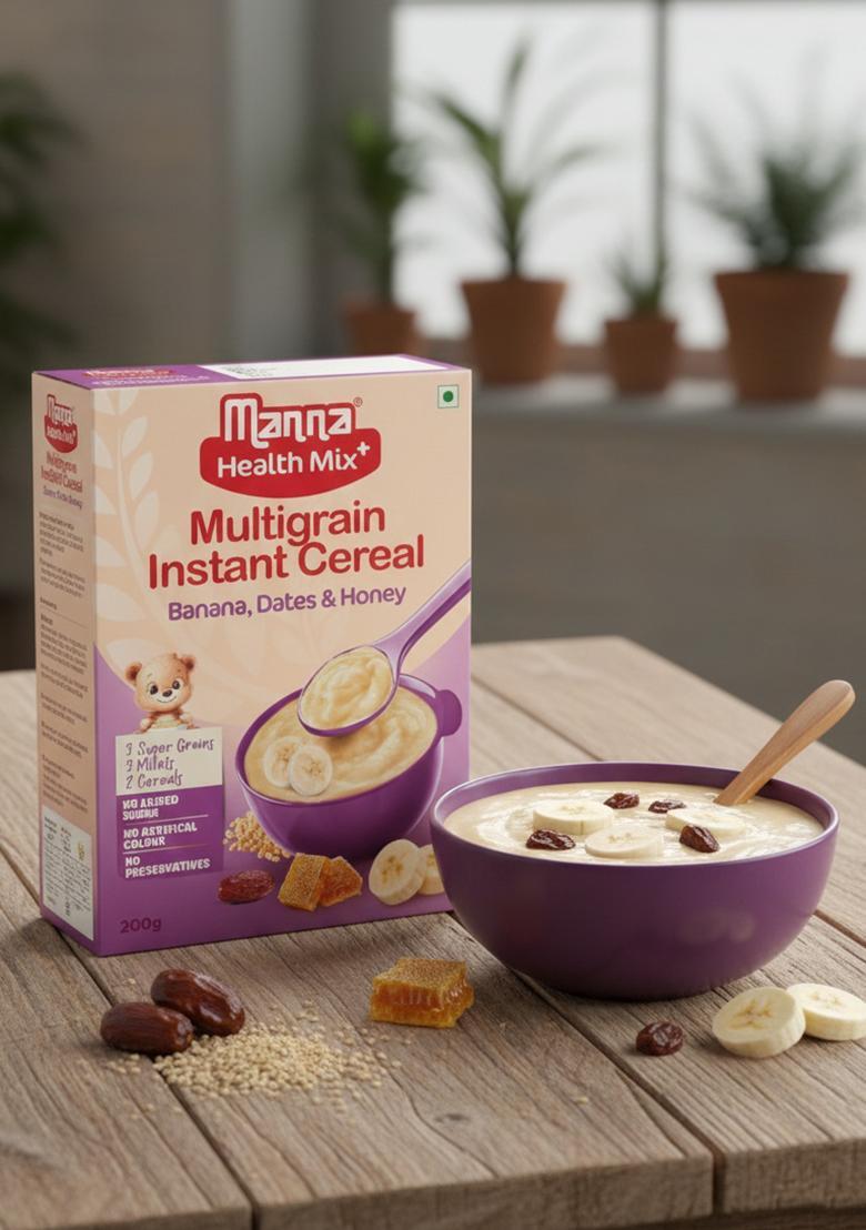 Manna Health Mix Instant Multigrain Cereal, Banana, Dates, Honey With Milk. Made With Real Fruits And 8 Supergrains And Millets. No Added Sugar, No Artificial Color, Flavors 200G