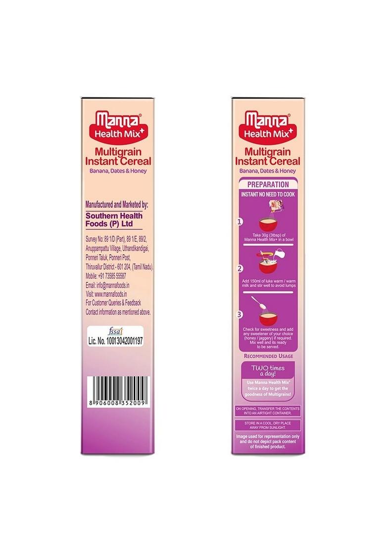Manna Health Mix Instant Multigrain Cereal, Banana, Dates, Honey With Milk. Made With Real Fruits And 8 Supergrains And Millets. No Added Sugar, No Artificial Color, Flavors 200G