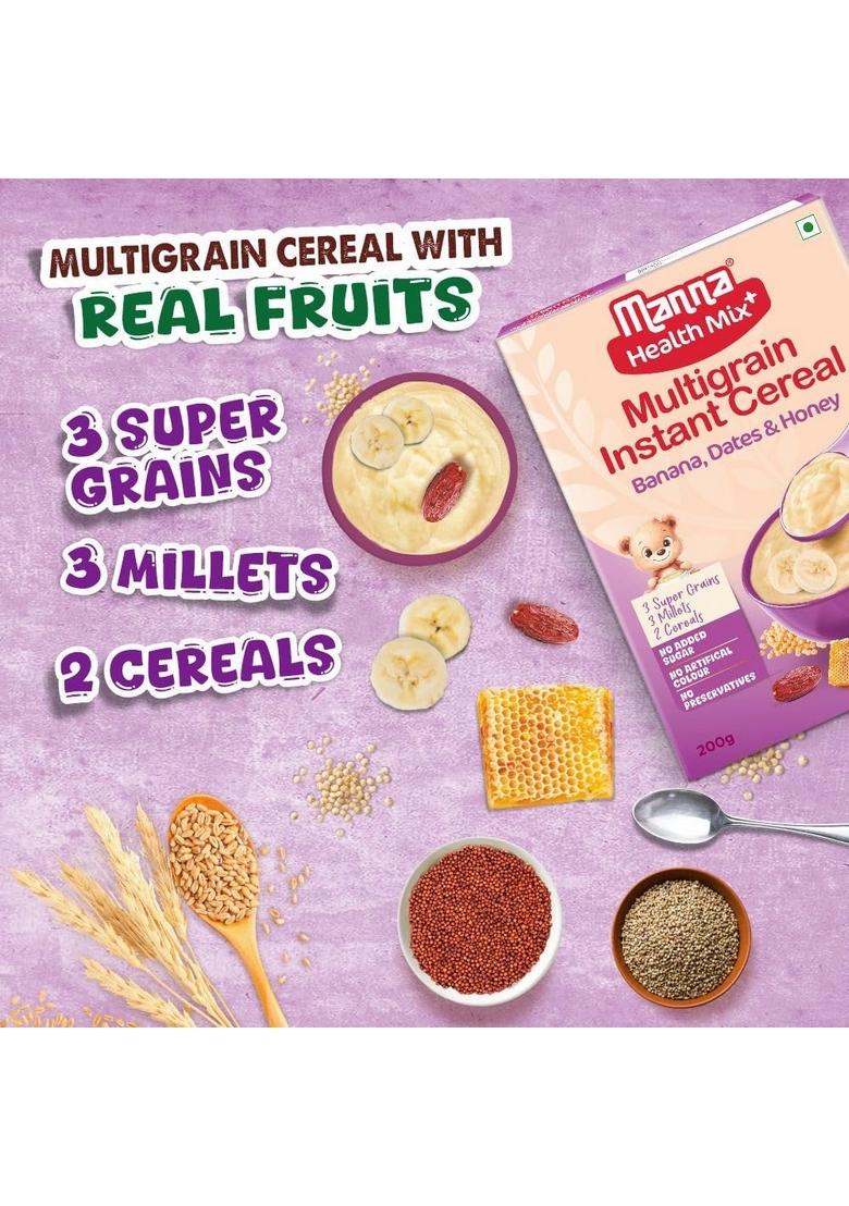 Manna Health Mix Instant Multigrain Cereal, Banana, Dates, Honey With Milk. Made With Real Fruits And 8 Supergrains And Millets. No Added Sugar, No Artificial Color, Flavors 200G
