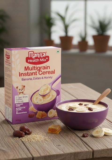Manna Health Mix Instant Multigrain Cereal, Banana, Dates, Honey With Milk. Made With Real Fruits And 8 Supergrains And Millets. No Added Sugar, No Artificial Color, Flavors 200G