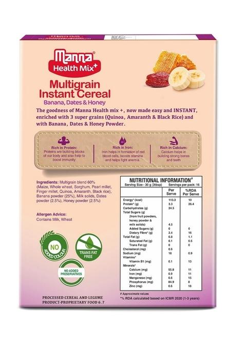 Manna Health Mix Instant Multigrain Cereal, Banana, Dates, Honey With Milk. Made With Real Fruits And 8 Supergrains And Millets. No Added Sugar, No Artificial Color, Flavors 200G