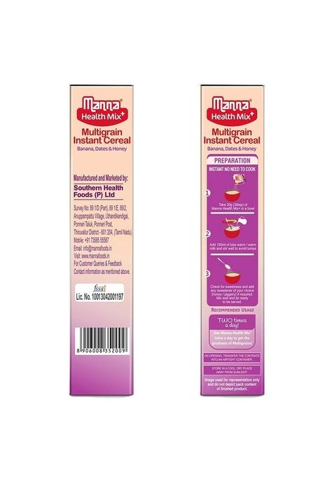 Manna Health Mix Instant Multigrain Cereal, Banana, Dates, Honey With Milk. Made With Real Fruits And 8 Supergrains And Millets. No Added Sugar, No Artificial Color, Flavors 200G