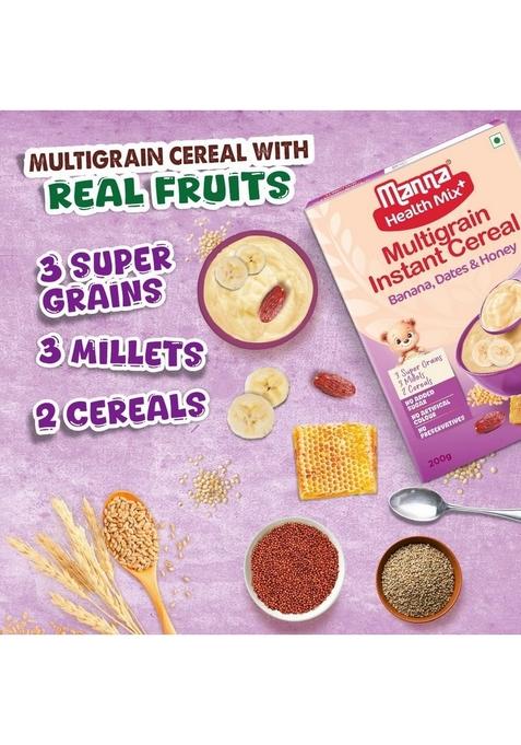 Manna Health Mix Instant Multigrain Cereal, Banana, Dates, Honey With Milk. Made With Real Fruits And 8 Supergrains And Millets. No Added Sugar, No Artificial Color, Flavors 200G