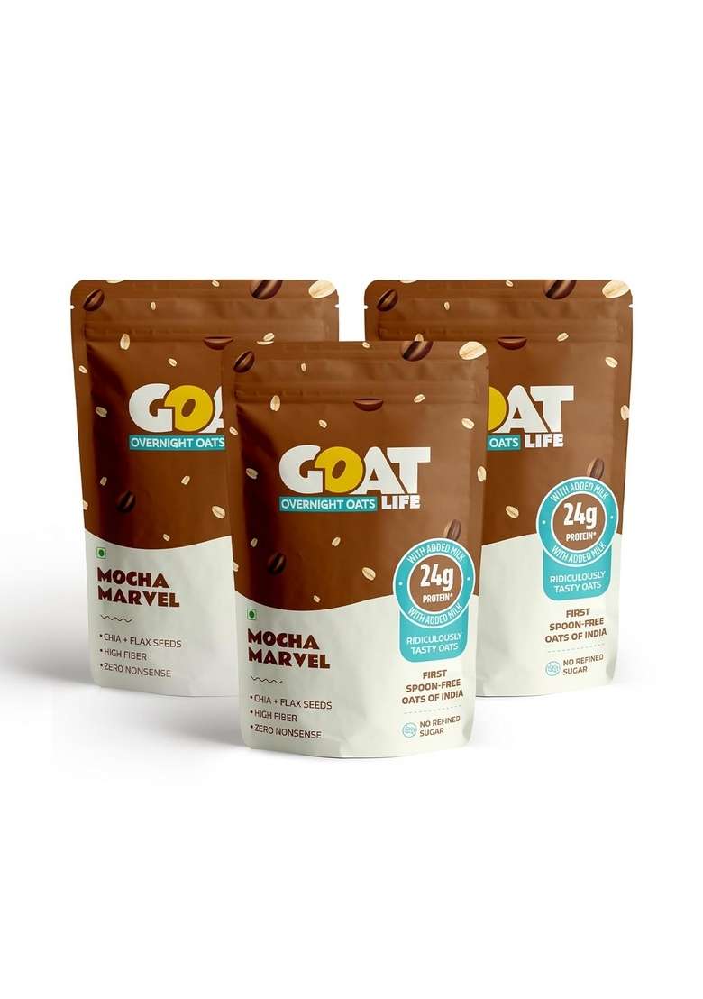 Goat Life Overnight Oats (75G) | 24G Protein | High Fibre | Nutrient-Rich | No Sugar | Gluten-Free & Vegan | Supports Weight Management & Muscle Recovery | Instant Breakfast (Pack Of 3, Mocha Marvel) - Indya