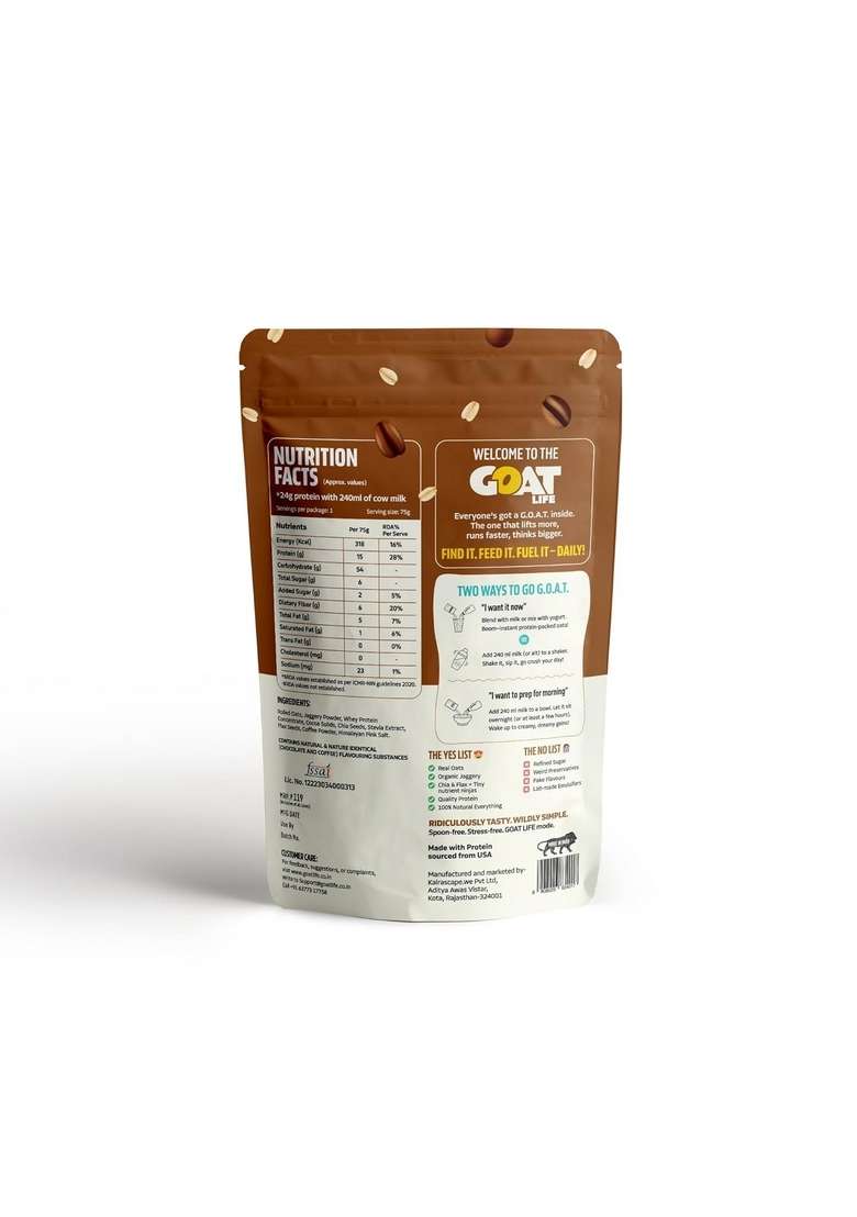 Goat Life Overnight Oats (75G) | 24G Protein | High Fibre | Nutrient-Rich | No Sugar | Gluten-Free & Vegan | Supports Weight Management & Muscle Recovery | Instant Breakfast (Pack Of 3, Mocha Marvel) - Indya