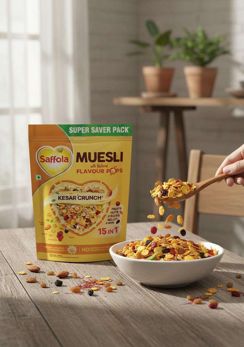 Saffola Muesli Kesar Crunch With Flavour Pops, 700 Gm | 15 In 1 Fruit And Nuts, Seeds, Millet & More | Cereals For Breakfast Rich In Wholegrain, Protein, Fibre - Indya
