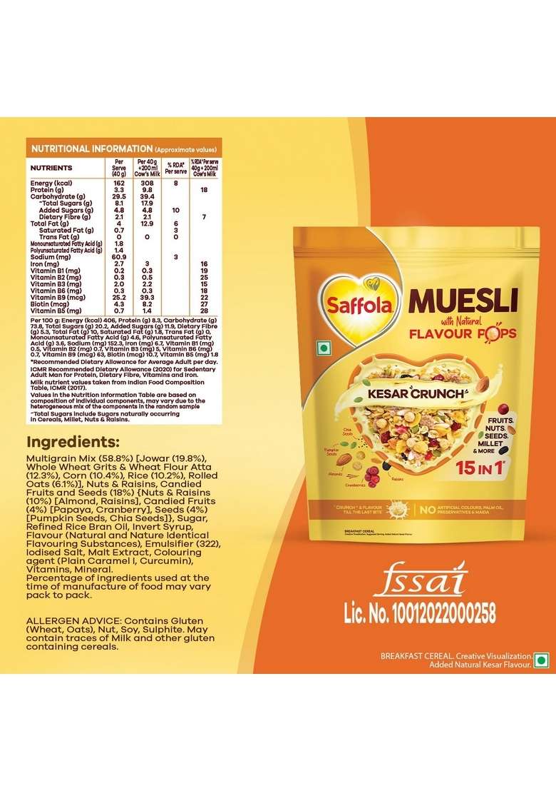 Saffola Muesli Kesar Crunch With Flavour Pops, 700 Gm | 15 In 1 Fruit And Nuts, Seeds, Millet & More | Cereals For Breakfast Rich In Wholegrain, Protein, Fibre - Indya