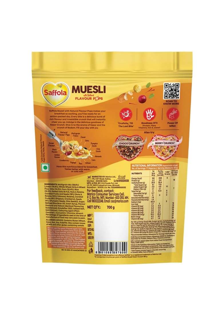Saffola Muesli Kesar Crunch With Flavour Pops, 700 Gm | 15 In 1 Fruit And Nuts, Seeds, Millet & More | Cereals For Breakfast Rich In Wholegrain, Protein, Fibre - Indya