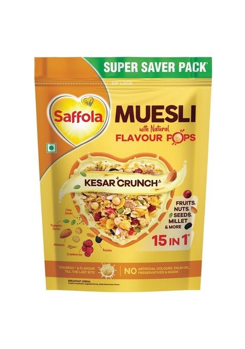 Saffola Muesli Kesar Crunch With Flavour Pops, 700 Gm | 15 In 1 Fruit And Nuts, Seeds, Millet & More | Cereals For Breakfast Rich In Wholegrain, Protein, Fibre