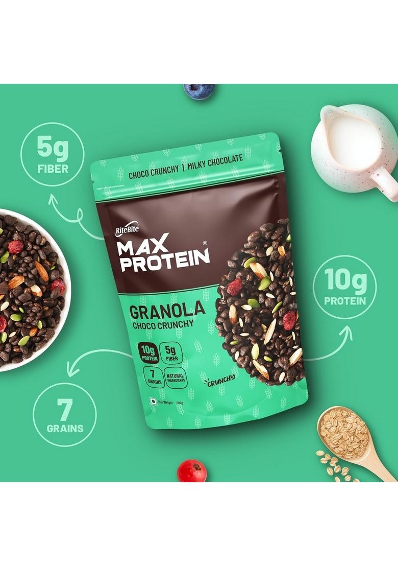 Ritebite Max Protein Granola Choco Crunchy 500G | 7 Grains| 10G Protein| 5G Fiber| Natural Ingredients| Breakfast Granola| Simply Delicious| Vegan
