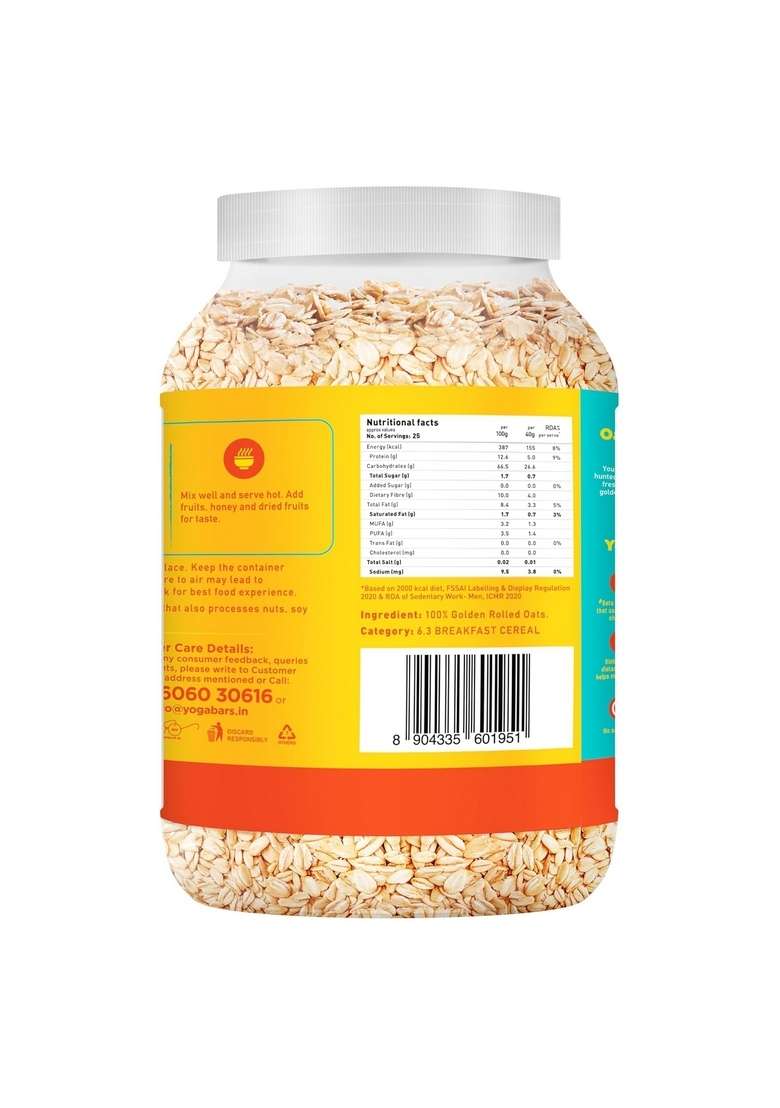 Yogabar 100% Rolled Oats 1 Kg Jar | Premium Golden Rolled Oats, Gluten Free With High Fibre, Non Gmo | Healthy Food With No Added Sugar | Diet Food For Weight Management - Indya