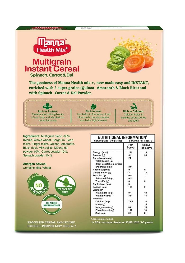 Manna Health Mix Instant Multigrain Cereal, Spinach, Carrot, Dal With Milk. Made With Real Vegetables And 8 Super Grains And Millets. No Added Sugar, No Artificial Color, Flavors 200G
