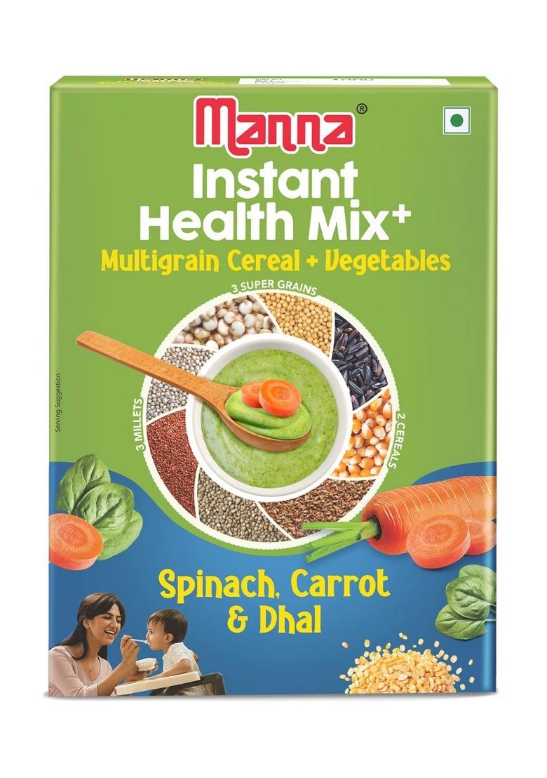 Manna Health Mix Instant Multigrain Cereal, Spinach, Carrot, Dal With Milk. Made With Real Vegetables And 8 Super Grains And Millets. No Added Sugar, No Artificial Color, Flavors 200G