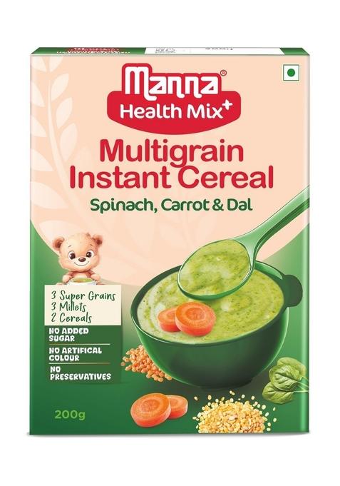 Manna Health Mix Instant Multigrain Cereal, Spinach, Carrot, Dal With Milk. Made With Real Vegetables And 8 Super Grains And Millets. No Added Sugar, No Artificial Color, Flavors 200G