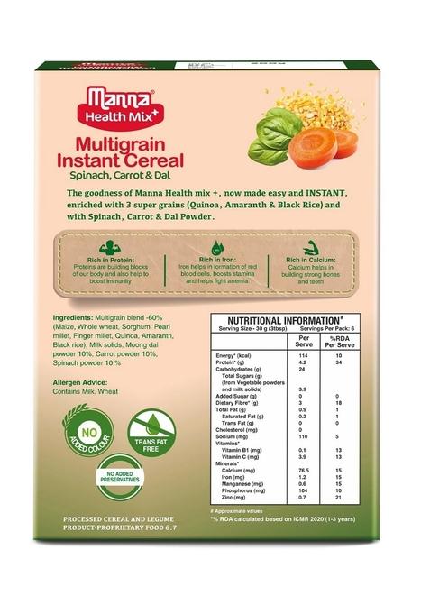 Manna Health Mix Instant Multigrain Cereal, Spinach, Carrot, Dal With Milk. Made With Real Vegetables And 8 Super Grains And Millets. No Added Sugar, No Artificial Color, Flavors 200G