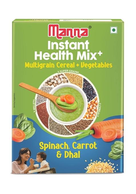 Manna Health Mix Instant Multigrain Cereal, Spinach, Carrot, Dal With Milk. Made With Real Vegetables And 8 Super Grains And Millets. No Added Sugar, No Artificial Color, Flavors 200G