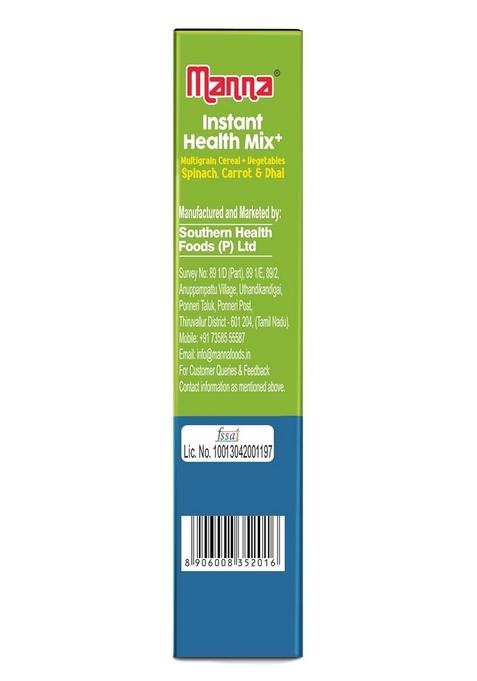 Manna Health Mix Instant Multigrain Cereal, Spinach, Carrot, Dal With Milk. Made With Real Vegetables And 8 Super Grains And Millets. No Added Sugar, No Artificial Color, Flavors 200G
