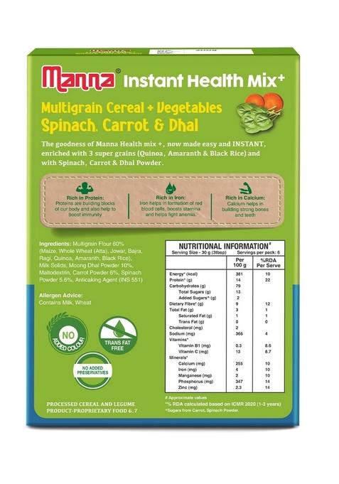 Manna Health Mix Instant Multigrain Cereal, Spinach, Carrot, Dal With Milk. Made With Real Vegetables And 8 Super Grains And Millets. No Added Sugar, No Artificial Color, Flavors 200G