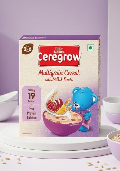 Ceregrow Multigrain Milk & Fruits Cereal | With Iron, Protein, Calcium | 19 Nutrients | 300G, Bag-In-Box Pack