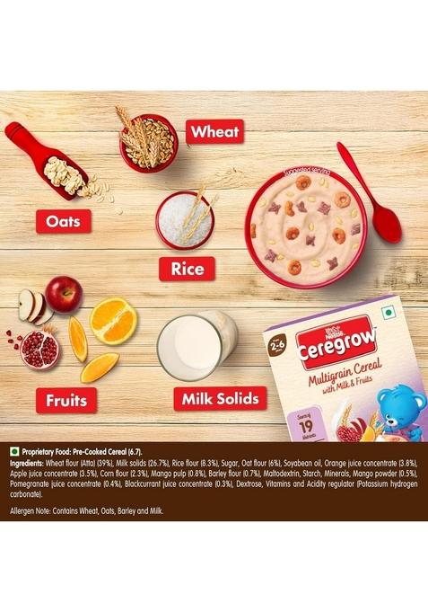 Ceregrow Multigrain Milk & Fruits Cereal | With Iron, Protein, Calcium | 19 Nutrients | 300G, Bag-In-Box Pack