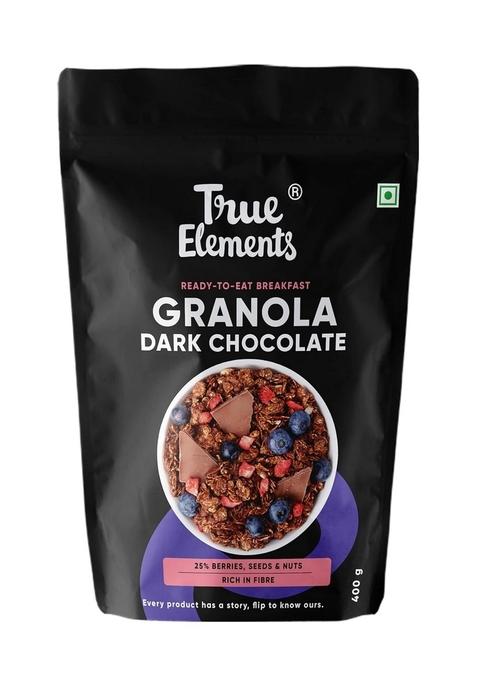 True Elements Granola Dark Chocolate 400G - Baked Granola | Almonds, Berries & Dark Chocolate | Granola For Breakfast | High Fibre Cereal | Diet Snack