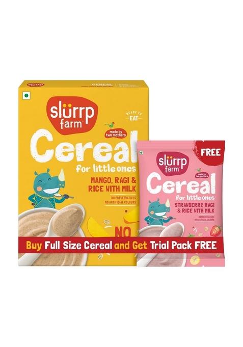 Slurrp Farm No Added Sugar Instant Cereal | Ragi, Rice And Mango With Milk | Free Strawberry Cereal Trial Pack | 200G + Free 50G