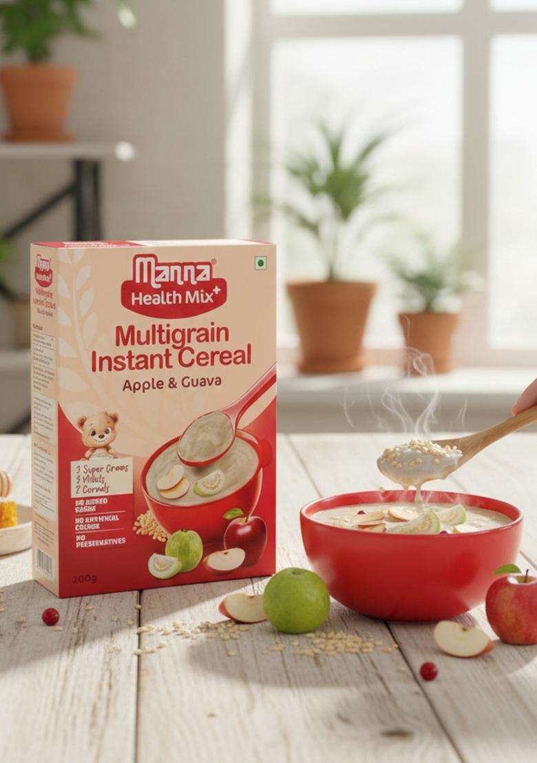Manna Health Mix Instant Multigrain Cereal, Apple & Guava With Milk. Made With Real Fruits And 8 Supergrains And Millets. No Added Sugar, No Artificial Color, Flavors 200G - Indya