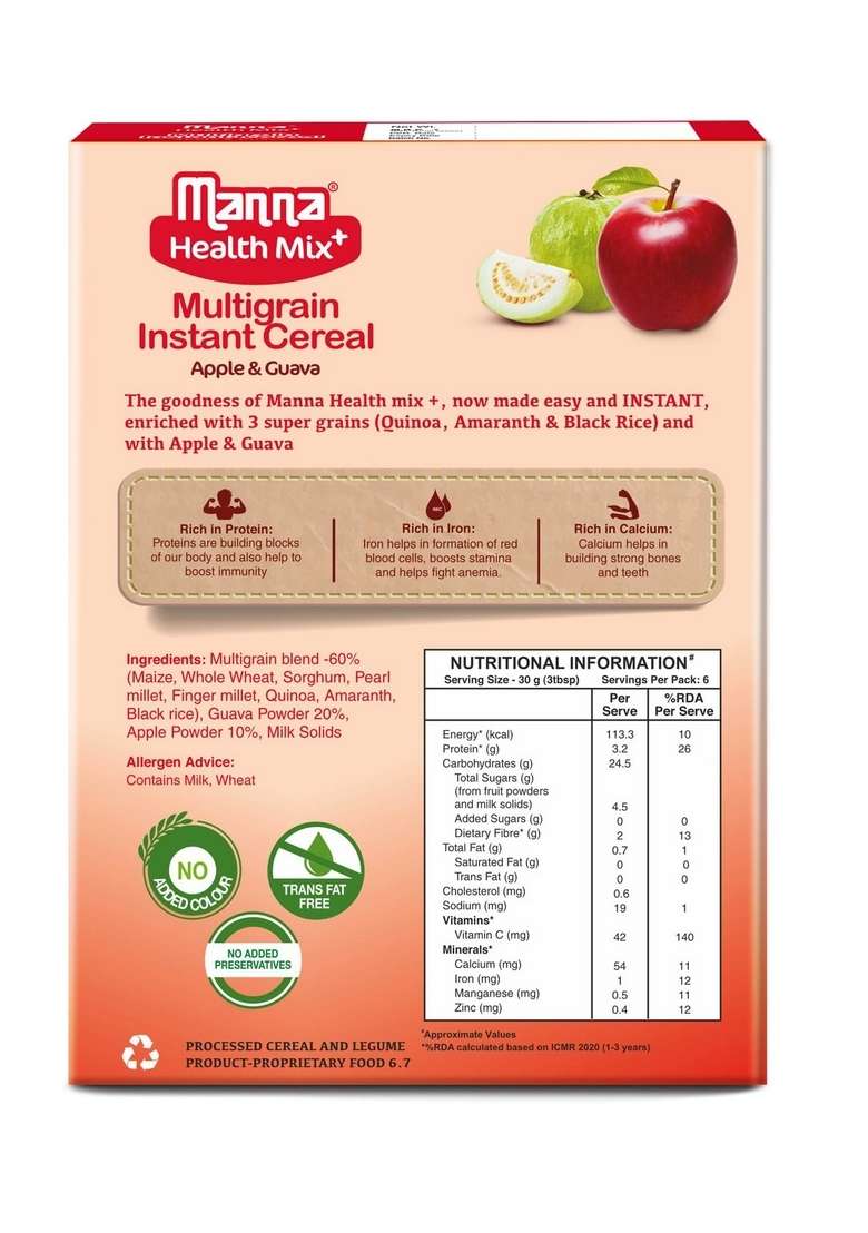 Manna Health Mix Instant Multigrain Cereal, Apple & Guava With Milk. Made With Real Fruits And 8 Supergrains And Millets. No Added Sugar, No Artificial Color, Flavors 200G - Indya