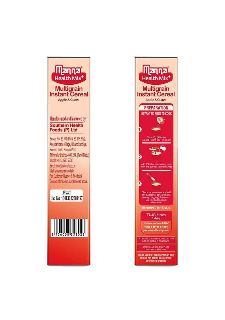 Manna Health Mix Instant Multigrain Cereal, Apple & Guava With Milk. Made With Real Fruits And 8 Supergrains And Millets. No Added Sugar, No Artificial Color, Flavors 200G - Indya