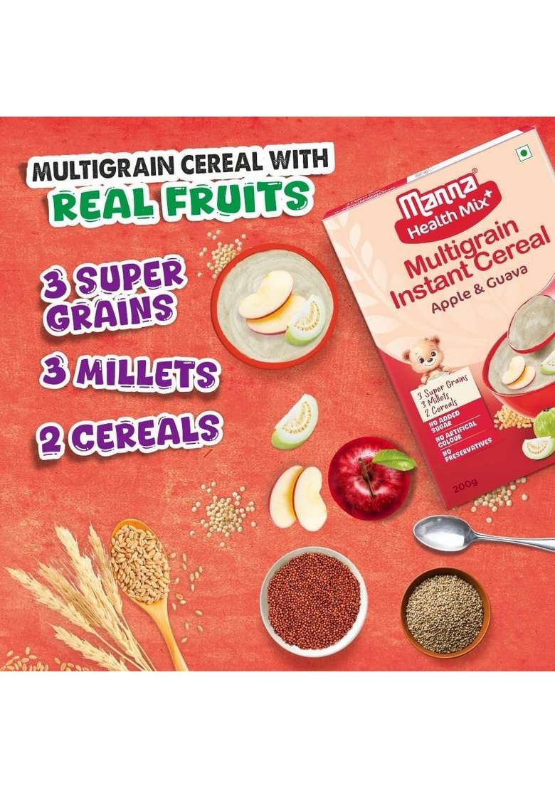 Manna Health Mix Instant Multigrain Cereal, Apple & Guava With Milk. Made With Real Fruits And 8 Supergrains And Millets. No Added Sugar, No Artificial Color, Flavors 200G - Indya