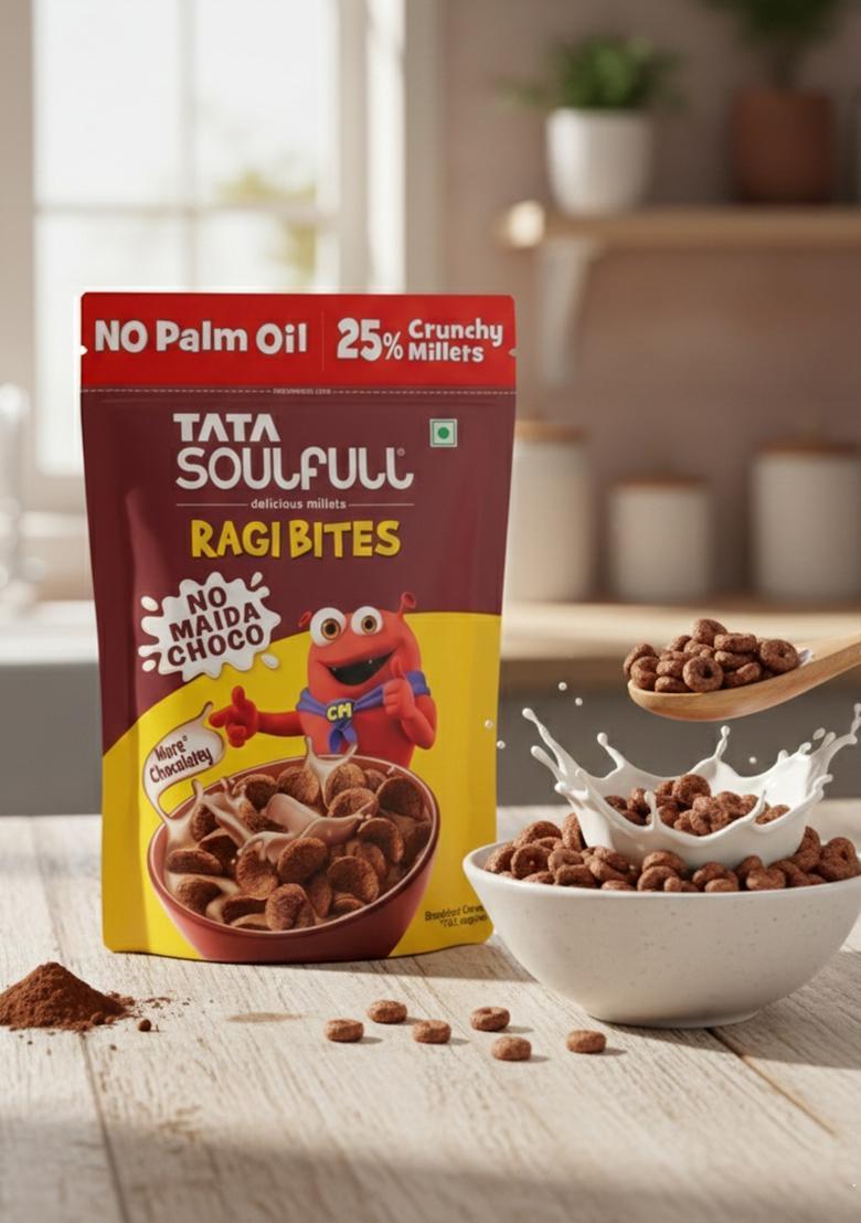 Tata Soulfull Ragi Bites No Maida Choco, Yummy Chocolatey, 375G, Delicious Millets, 7 Grains, High In Protein, Rich In Calcium, Breakfast Cereals