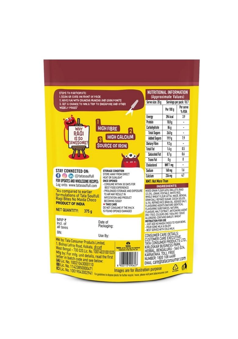 Tata Soulfull Ragi Bites No Maida Choco, Yummy Chocolatey, 375G, Delicious Millets, 7 Grains, High In Protein, Rich In Calcium, Breakfast Cereals
