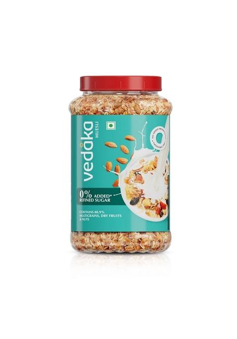 Amazon Brand - Vedaka Muesli | 1 Kg Jar | Contains 88.9% Dry Fruits, Nuts And Multgrains | No Added Refined Sugar | High In Fiber | No Added Preservatives | Quick Breakfast
