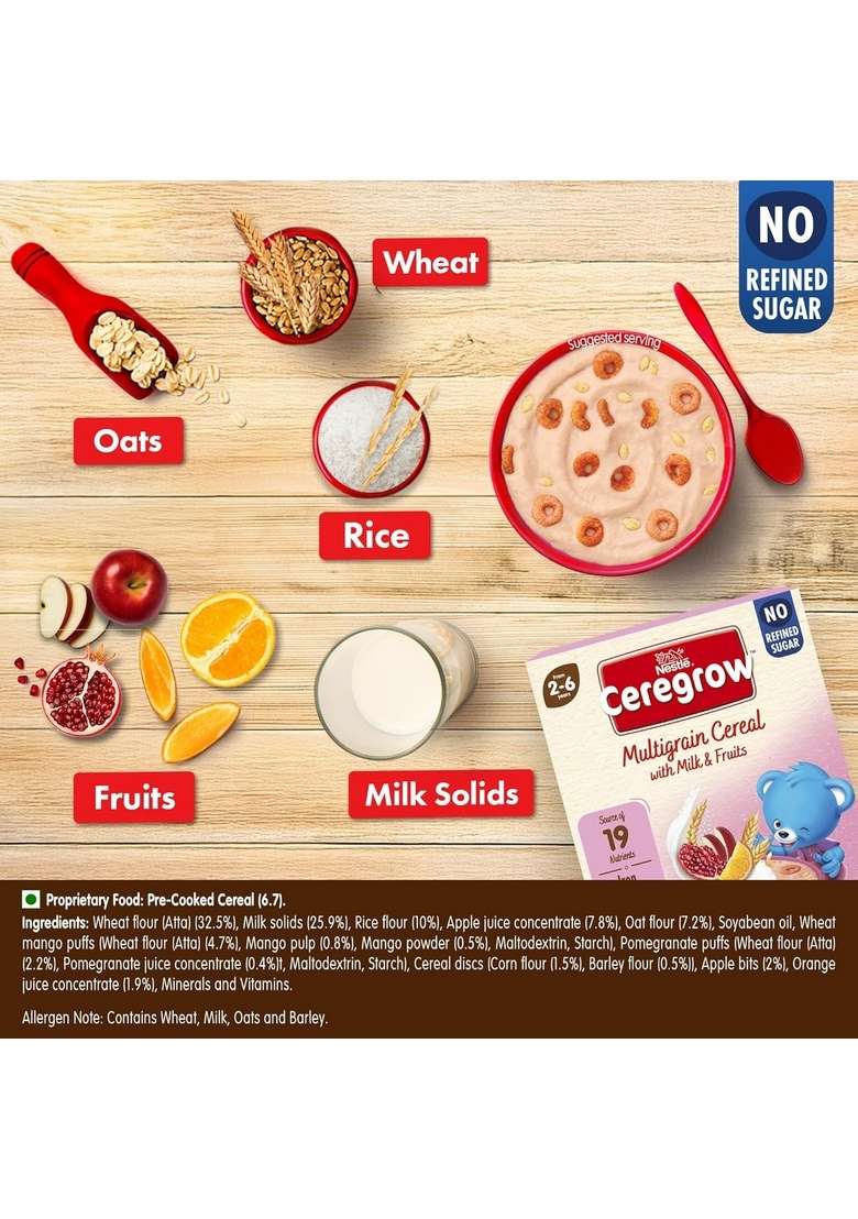 Ceregrow With No Refined Sugar | Multigrain Cereal With Milk & Fruits | With Iron, Omega 3, Protein, Calcium | 19 Nutrients | 300G, Bag-In-Box Pack - Indya