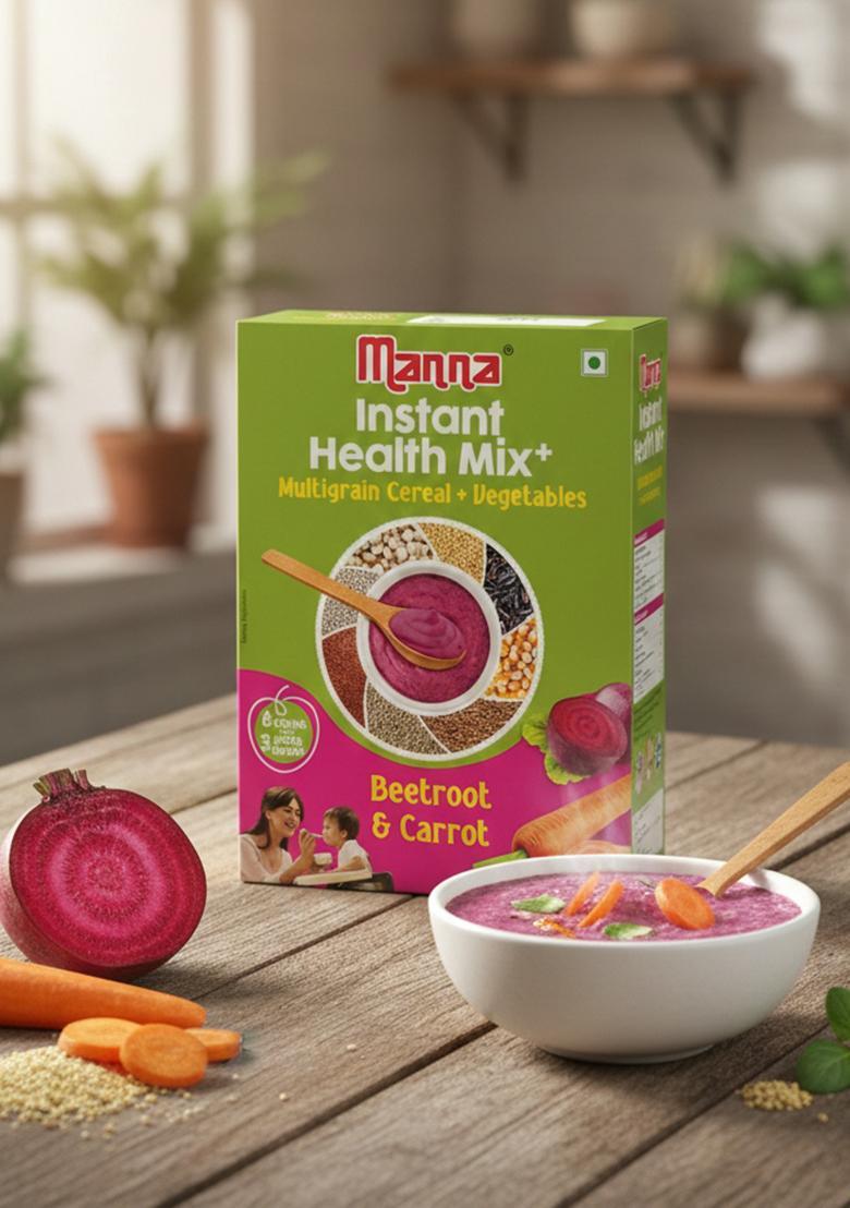 Manna Health Mix Instant Multigrain Cereal, Beetroot & Carrot With Milk.Made With Real Vegetables And 8 Super Grains And Millets. No Added Sugar, No Artificial Color, Flavors 200G