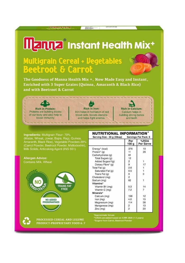 Manna Health Mix Instant Multigrain Cereal, Beetroot & Carrot With Milk.Made With Real Vegetables And 8 Super Grains And Millets. No Added Sugar, No Artificial Color, Flavors 200G