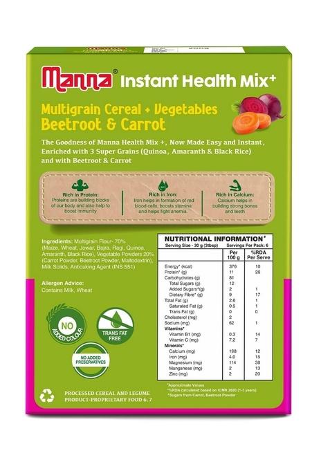 Manna Health Mix Instant Multigrain Cereal, Beetroot & Carrot With Milk.Made With Real Vegetables And 8 Super Grains And Millets. No Added Sugar, No Artificial Color, Flavors 200G
