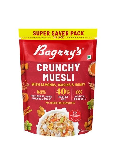 Bagrry’S Crunchy Muesli – 750G | 83% Multigrain, Brans, Almonds, Raisins & Honey | 40% Fibre Rich Oats | High Fibre And Protein Breakfast Cereal | No Added Preservatives | Non-Gmo Oats | 100% Natural | Trans Fat & Cholesterol Free