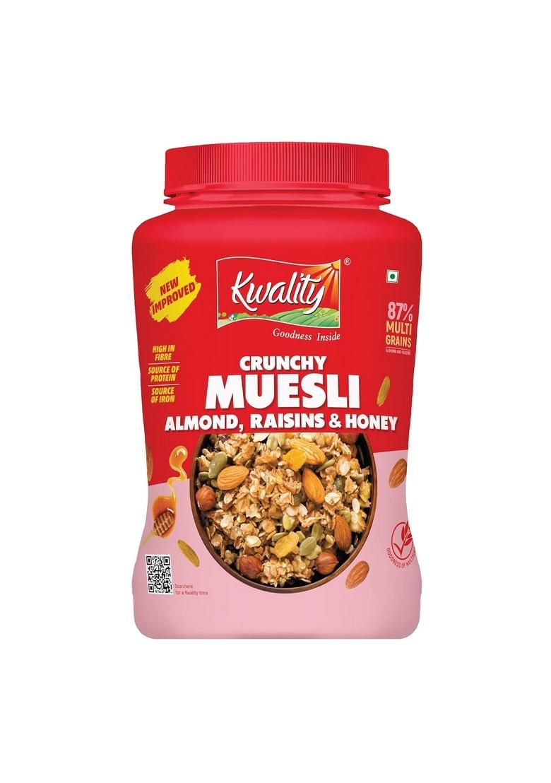 Kwality Muesli Crunchy Almonds, Raisins & Honey 900G | 87% Multi Grains| Natural Source Of Vitamin & Iron, High In Protein & Fiber, Low Fat & Cholesterol-Free