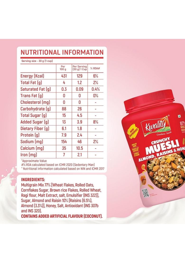 Kwality Muesli Crunchy Almonds, Raisins & Honey 900G | 87% Multi Grains| Natural Source Of Vitamin & Iron, High In Protein & Fiber, Low Fat & Cholesterol-Free