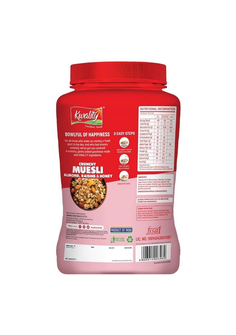 Kwality Muesli Crunchy Almonds, Raisins & Honey 900G | 87% Multi Grains| Natural Source Of Vitamin & Iron, High In Protein & Fiber, Low Fat & Cholesterol-Free