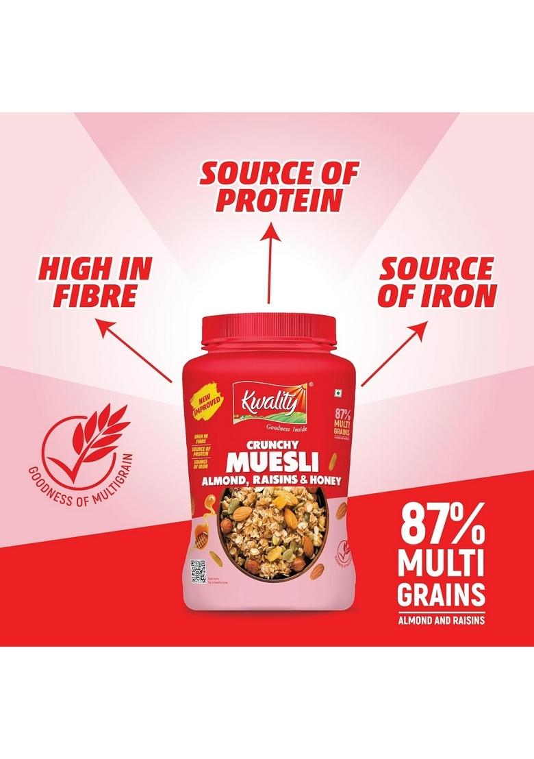 Kwality Muesli Crunchy Almonds, Raisins & Honey 900G | 87% Multi Grains| Natural Source Of Vitamin & Iron, High In Protein & Fiber, Low Fat & Cholesterol-Free