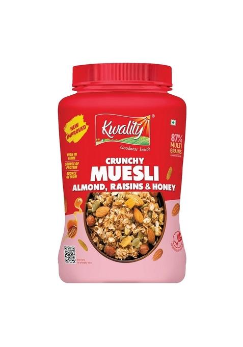 Kwality Muesli Crunchy Almonds, Raisins & Honey 900G | 87% Multi Grains| Natural Source Of Vitamin & Iron, High In Protein & Fiber, Low Fat & Cholesterol-Free