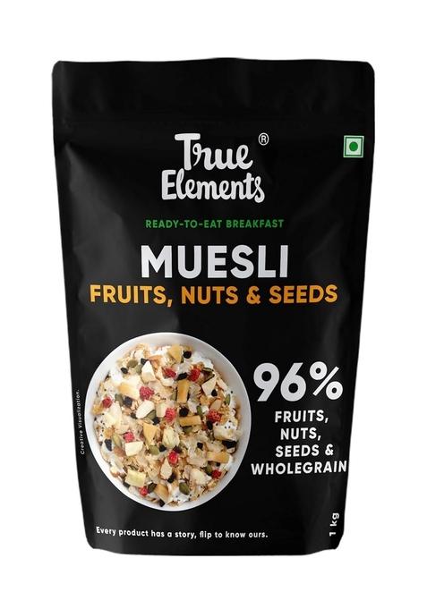 True Elements Muesli Fruit And Nuts 1Kg - With Real Fruits & Almonds | 100% Wholegrain Muesli With Oats, Almonds | Real Freeze-Dried Fruits, Not Candied | Breakfast Cereal | High Fibre & Nutrient-Rich Blend