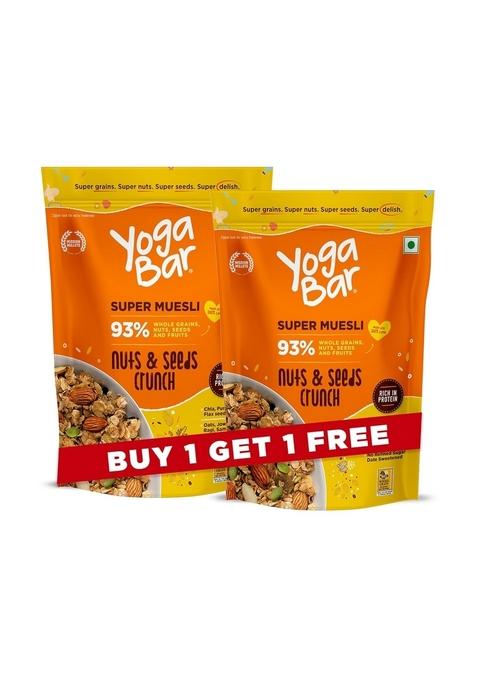 Yogabar Muesli Nuts + Seeds Crunch 700G (Buy 1 Get 1 Free) With Flax And Chia Seeds, Muesli Nuts Delight Whole Grain, High Protein, High Fibre, No Refined Sugar, Contains Antioxidants, 700G Pack Of 2