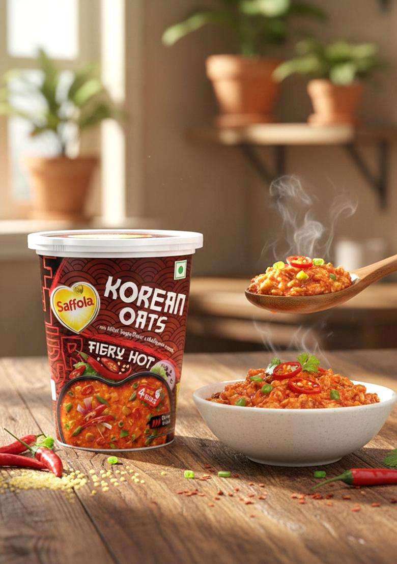 Saffola Korean Cuppa Oats, Fiery Hot, With Chilli Dressing Sachet, No Added Preservatives, Ready In 4 Mins, 56G - Indya